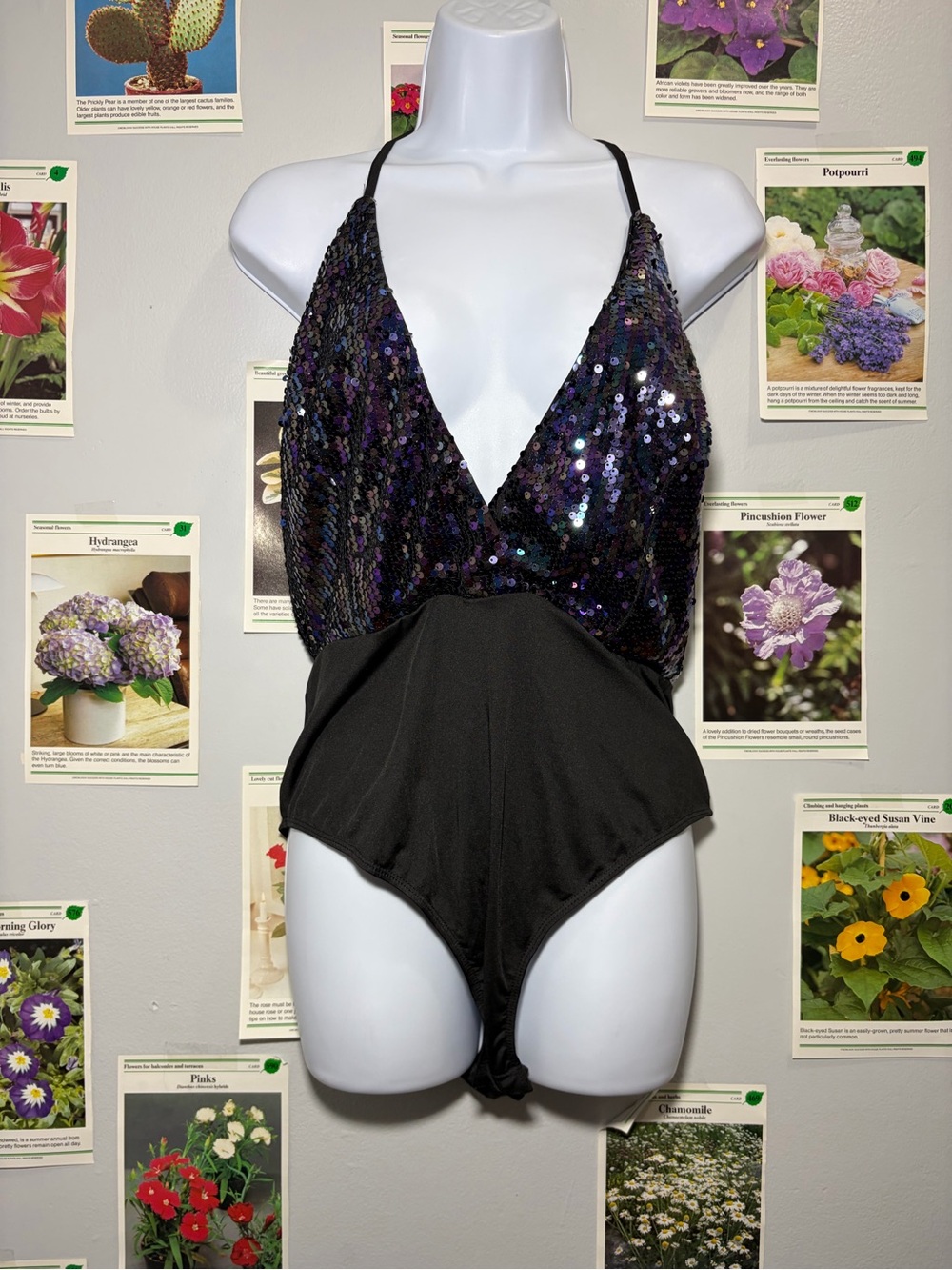 Cider Black Halter Sequin Bodysuit with Iridescent Purple Accents